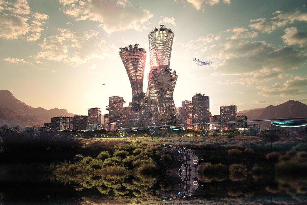 Planta 3D de Telosa, com a 'Equitism Tower' ao centro — Foto: 3G/Reprodução