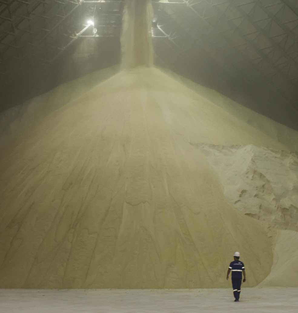 Chuva de açúcar: abastecimento armazém da cooperativa para transporte marítimo no Porto de Santos  — Foto: Valor/Julio Bittencourt